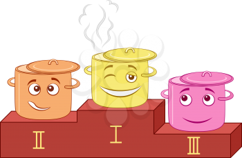 Cartoon Smileys, Kitchen Pans Standing on Sports Pedestal, Taking Prizes at The Cooking Competition. Vector