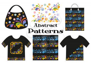 Colorful and Blue Floral Backgrounds, Stars and Spirals on Black, Presented in Tank Top, Shopping Bag and Handbag with Abstract Seamless Patterns. Vector