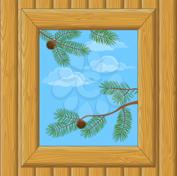 Background with Wooden Wall and Window with View of Blue Sky, Clouds and Pine Branches. Vector