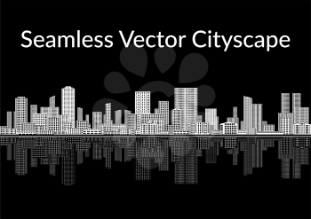 Horizontal Seamless Landscape, Urban Background, Abstract Black and White City with Skyscrapers, Reflecting in the Sea. Vector
