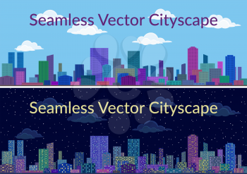 Horizontal Seamless Urban Background, City Landscape, Set of Night and Day Cityscapes with Skyscrapers, Under Blue or Starry Sky with Clouds. Vector