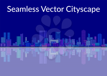 Horizontal Seamless Landscape, Tile Urban Background, Abstract Colorful City on Blue with Skyscrapers, Reflecting in the Sea. Vector