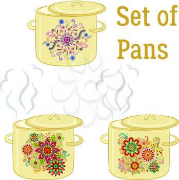 Set of Boiling Pans with Floral Patterns, Cover and Steam, Element for Your Design. Vector