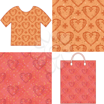 Set of Valentine Holiday Seamless Backgrounds, Tile Patterns with Pictogram Hearts and Examples in Form of Shirt and Shopping Bag. Eps10, Contains Transparencies. Vector