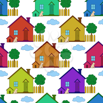 Seamless Background with Colorful Small Cartoon Country Houses with Dog Kennel and Garden Tree, Isolated on White Background. Vector
