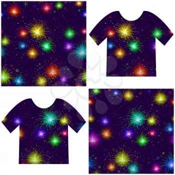 Firework Seamless Background of Various Colors on Dark Night Sky, Colorful Tile Pattern for Holiday Design, Presented in Tank Tops. Vector