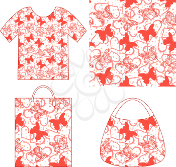 Seamless Holiday Background with Butterflies Silhouettes, Valentine Outline Hearts and Confetti, Colorful Tile Pattern for Your Design, Presented in Tank Top, Women Bag and Grocery Bag. Vector