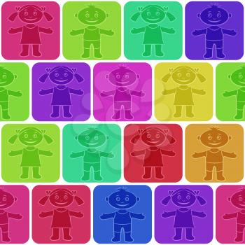 Seamless Background with Happy Silhouette Cartoon Children, Funny Little Boys and Girls, Standing and Smiling in Colorful Squares, Tile Pattern for your Design. Eps10, Contains Transparencies. Vector