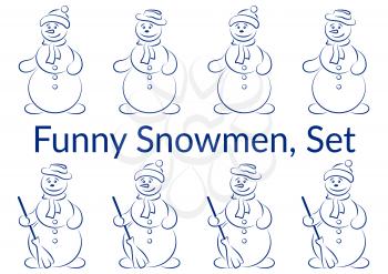 Set of Cartoon Snowmen, Christmas Characters with Brooms, Holiday Symbolical Icons for Your Design, Blue Pictogram Silhouettes Isolated on White Background. Vector