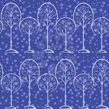 Seamless Blue Background with Winter Landscape, White Contour Pictogram Forest Trees, Tile Pattern for your Christmas Holiday Design. Vector