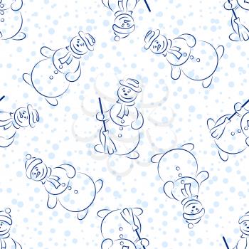 Christmas Holiday Seamless Background with Cartoon Snowmen, Pictogram Characters with Brooms, Symbolical Tile Pattern with Blue Snow Confetti for Your Design. Vector