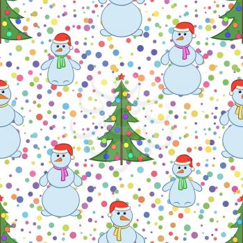 Christmas Holiday Seamless Background with Cartoon Snowmen Family, Mother, Father and Baby in Red Santa Claus caps and Fir Tree, Symbolical Tile Pattern with Colorful Confetti for Your Design. Vector