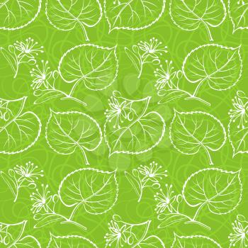 Seamless Background with White Pictogram Leaves of Linden Tree, tile Green Nature Pattern. Vector