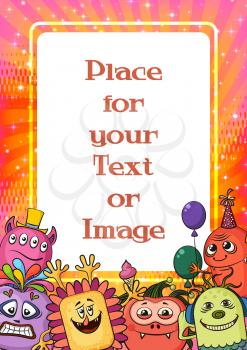 Background for Your Holiday Party Design with Different Cartoon Monsters, Colorful Illustration with Cute Funny Characters and Empty Place for Text or Image. Eps10, Contains Transparencies. Vector