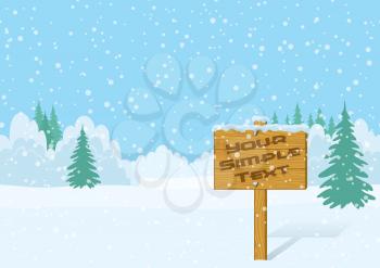 Wood Sign for Your Text in Winter Forest on Snowing Christmas Landscape, Background for Your Design. Eps10, Contains Transparencies. Vector
