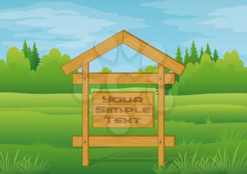 Wood Sign for Your Text in Summer Forest on Green Landscape, Background for Your Design. Eps10, Contains Transparencies. Vector