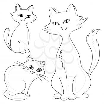 Three kind cheerful domestic cats, monochrome contours. Vector