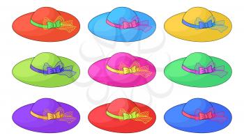 Female hats of different colors with the beautiful bows and tapes, complete set. Vector