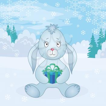 Rabbit bunny with gift box siting in winter forest. Christmas holiday illustration. Vector