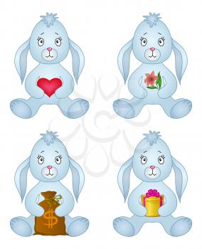 Rabbits, little bunny holds gifts in paws: red heart, holiday box, money bag, flower. Vector