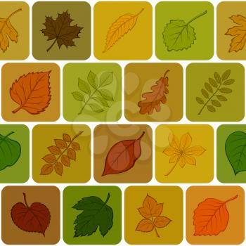 Seamless Background with Autumn Pictogram Leaves of Various Plants, Trees and Shrubs in Squares, Abstract Nature Pattern. Eps10, Contains Transparencies. Vector