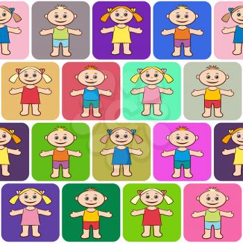 Seamless Background with Happy Cartoon Children, Funny Little Boys and Girls in Bright Clothes, Standing with Arms Wide Open and Smiling in Colorful Squares, Tile Pattern for your Design. Vector