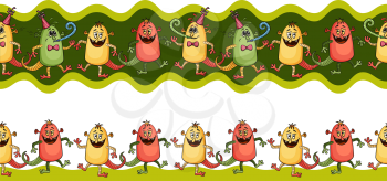 Horizontal Seamless Background for your Design with Different Cartoon Monsters, Colorful Tile Pattern with Cute Funny Characters. Vector