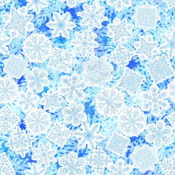 Christmas Seamless Blue and White Background with Abstract Floral Frosty Patterns, Contour Snowflakes and Sparks, Tile Holiday Design. Eps10, Contains Transparencies. Vector