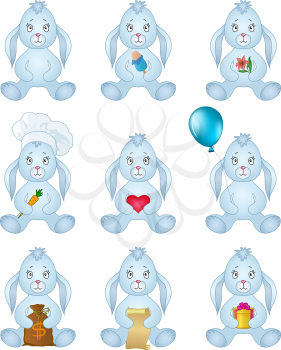 Rabbits holds gifts in paws, red heart, holiday box, money bag, flower, balloon, ice cream, carrot, scroll. Vector