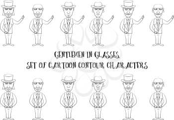 Strict Gentleman in Glasses, Hat and Business Suit Points with His Hand at Your Text or Image. Set of Funny Cartoon Characters for Your Design, Black Contour Isolated on White Background. Vector