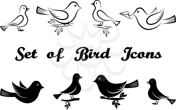 Set of Icons, Cartoon Birds, Flying or Sitting on Branches, Black Pictograms and Contours Isolated on White Background. Vector