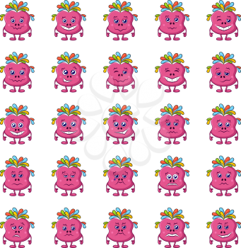 Set of Funny Monsters Smilies, Symbolizing Various Human Emotions and Moods, Cartoon Pink Characters with Colorful Hair, Isolated on White Background. Vector