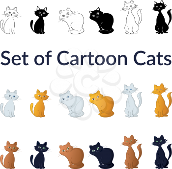 Set of Cartoon Cats, Pretty Pets, Black, White, Brown, Ginger and Also Contour and Silhouette Versions, Siting and Smiling, Isolated on White Background. Vector