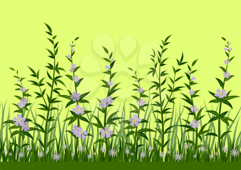 Seamless Horizontal Background, Nature, Landscape with Fresh Green Grass, Leaves and Lilac Flowers, Tile Pattern for Your Design. Vector