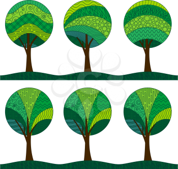 Horizontal Seamless Background, Symbolic Green Patterned Forest Trees with a Round Crown, Isolated on White. Vector