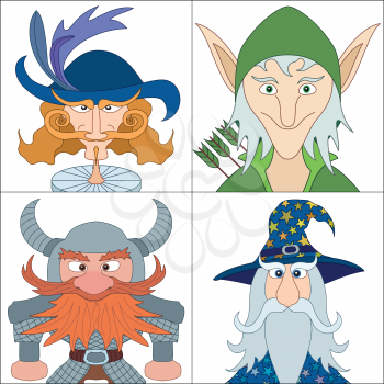 Avatar faces of fantasy brave heroes: elf, dwarf, wizard and noble cavalier, funny comic cartoon user icons, set. Vector