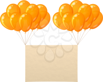 Two bunches of colorful orange balloons flying with sheet of paper for holiday design. Eps10, contains transparencies. Vector