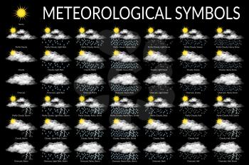 Set of Different Weather Icons, Illustrating Various Natural Phenomena, Sunny, Cloudy, Rain, Storm, Snow, Sleet and Hail. Eps10 Contains Transparencies. Vector