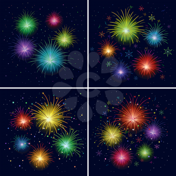 Firework, Bright Color Flashes, Sparks, Stars and Streamers on Black Background, Element for Web Holiday Design. Vector