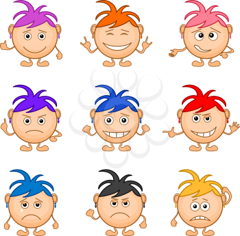 Set Cartoon Smiling Emoticons, Girls with Colored Hair, Faces Icons Symbolizing Various Human Emotions. Vector