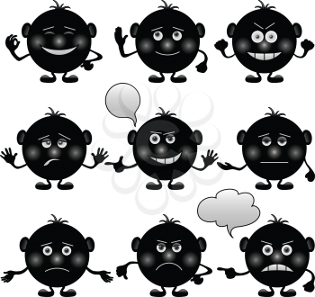 Set of round black and white smilies symbolising various human emotions. Vector