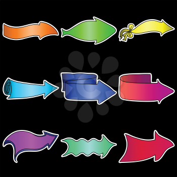 Set of different colourful vector arrows on a black background