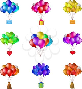 Set of balloons, colorful bunches flying with various objects: holiday mail, gift box, valentine heart, bag of money. Vector