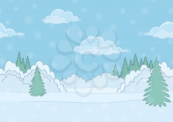 Christmas Horizontal Seamless Background Landscape, Winter White Forest with Snow and Blue Sky with Clouds. Eps10, Contains Transparencies. Vector