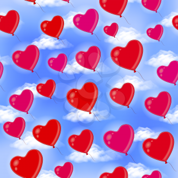 Seamless Background with Heart Shaped Balloons, Flying in Blue Sky with White Clouds, Colorful Tile Pattern. Eps10, Contains Transparencies. Vector