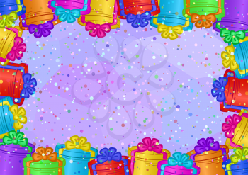 Holiday Background with Gift Color Fancy Boxes on Violet with Confetti. Eps10, Contains Transparencies. Vector