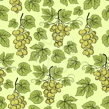 Seamless Background, Green Grape Bunches, Tile Pattern with Berries and Leaves. Vector