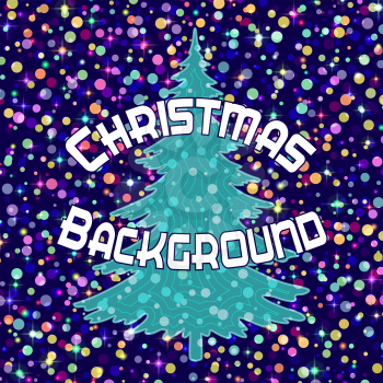 Holiday Christmas Background with Green Firtree on Dark Blue Pattern with Colorful Sparks and Confetti. Eps10, Contains Transparencies. Vector