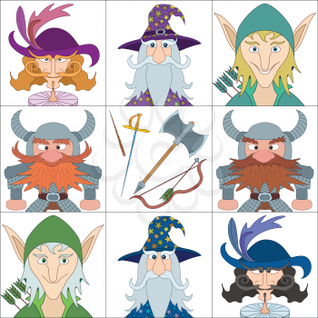 Avatar faces of fantasy brave heroes: elf, dwarf, wizard and noble cavalier, funny comic cartoon user icons and weapons of heroes, set. Vector
