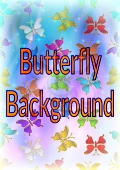 Colorful Flying Butterflies on Blue Sky Background with Stars and Beams. Eps10, Contains Transparencies. Vector